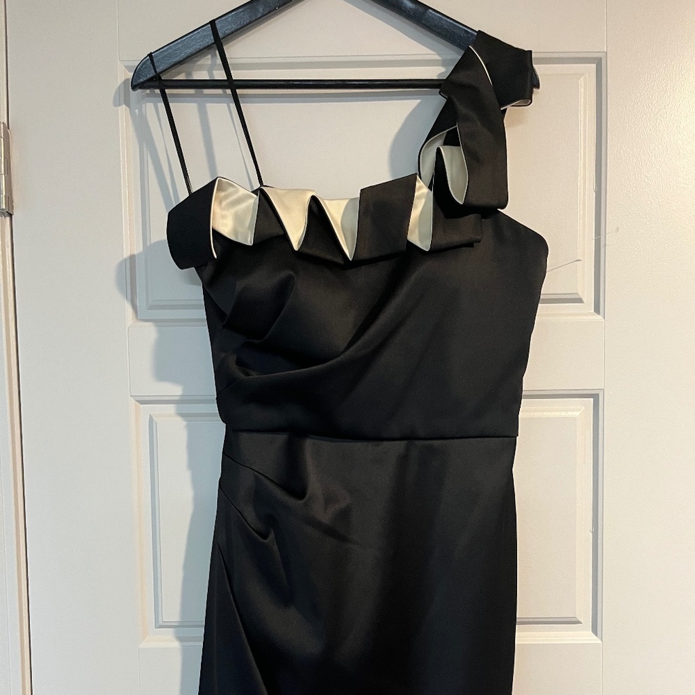 Max & Cleo - Black and Cream Asymmetric Cocktail Dress with Ribbon Detailing